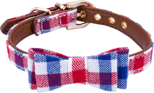 Adjustable Leather Puppy Collar with ID Buckle - Blue Plaid Bowtie Design for Small Dogs